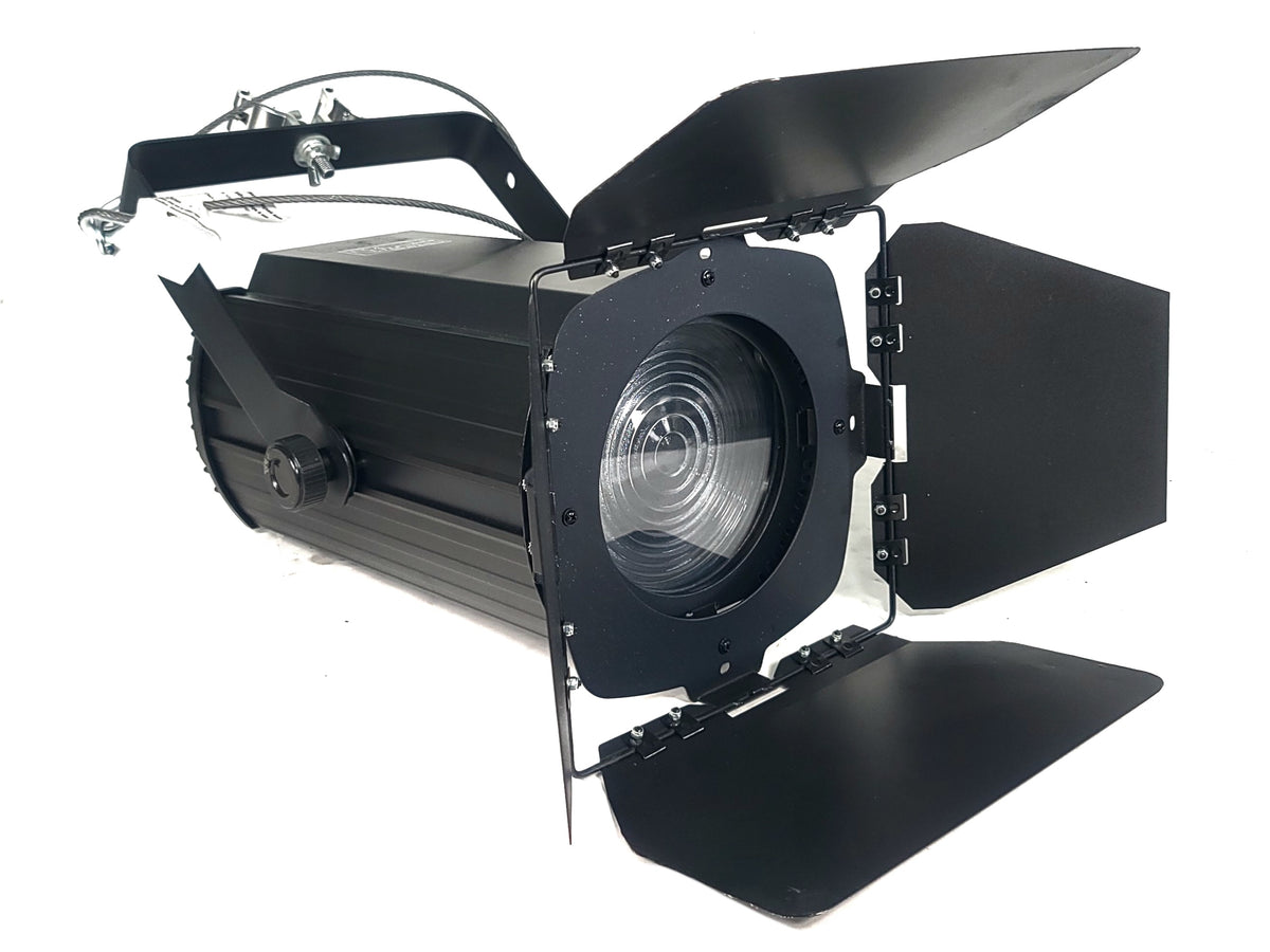 (5) Eurolite LED THA-100F COB 3200K Pro COB Spot Lights w/ (5) Mounting Brackets, (5) Safety Cables, (11) Jail Frames, & (5) Barn Door in Wheeled Road Case