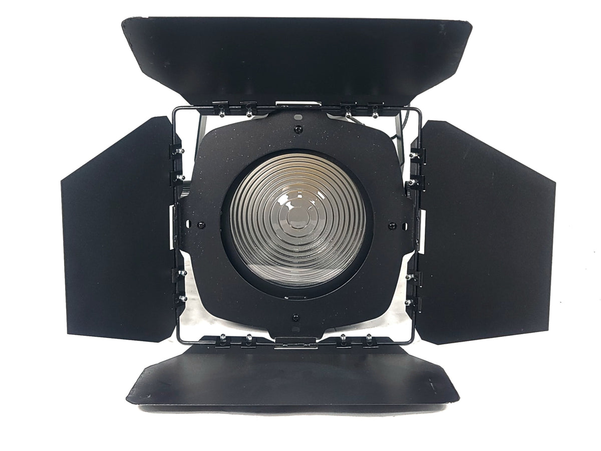 (5) Eurolite LED THA-100F COB 3200K Pro COB Spot Lights w/ (5) Mounting Brackets, (5) Safety Cables, (11) Jail Frames, & (5) Barn Door in Wheeled Road Case