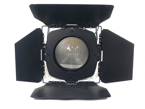 (5) Eurolite LED THA-100F COB 3200K Pro COB Spot Lights w/ (5) Mounting Brackets, (5) Safety Cables, (11) Jail Frames, & (5) Barn Door in Wheeled Road Case