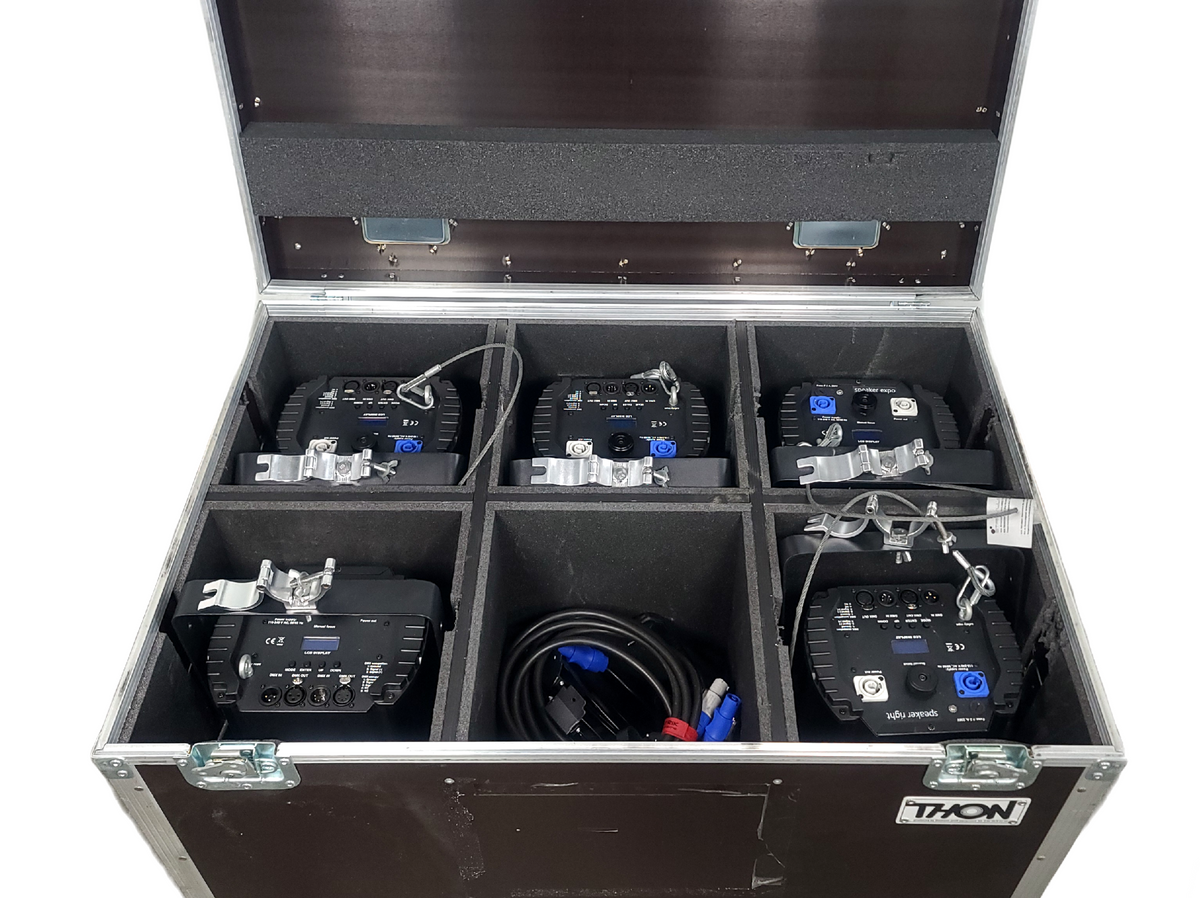 (5) Eurolite LED THA-100F COB 3200K Pro COB Spot Lights w/ (5) Mounting Brackets, (5) Safety Cables, (11) Jail Frames, & (5) Barn Door in Wheeled Road Case