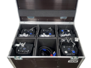 (5) Eurolite LED THA-100F COB 3200K Pro COB Spot Lights w/ (5) Mounting Brackets, (5) Safety Cables, (11) Jail Frames, & (5) Barn Door in Wheeled Road Case