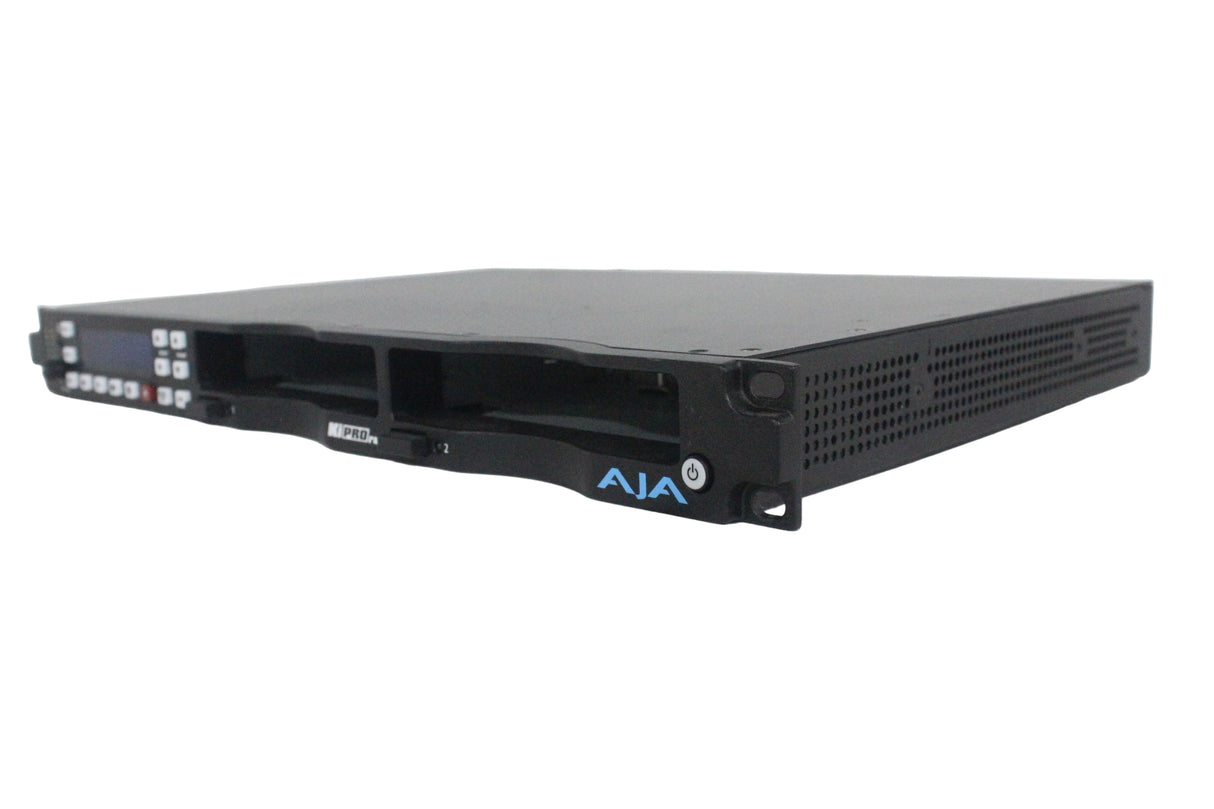 Front view of the AJA Ki-Pro Rack, a professional video recorder and player device with a black chassis.