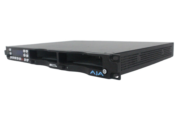Front view of the AJA Ki-Pro Rack, a professional video recorder and player device with a black chassis.