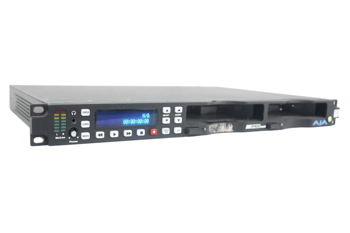 Front view of the AJA KiPro Rack Digital File Recorder without a drive, showing the front panel display and control buttons.