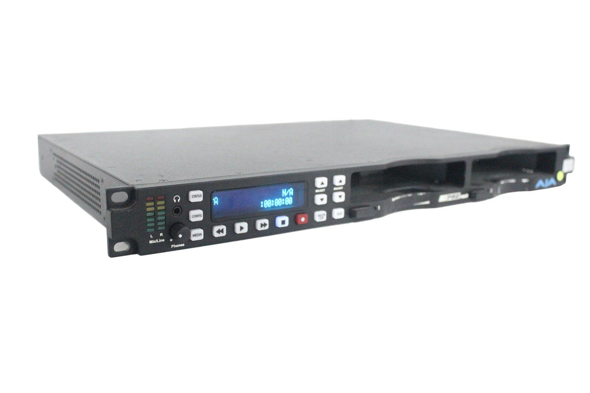 Front view of the AJA KiPro Rack Digital File Recorder without a drive, showing the brand logo, display screen, and control buttons.
