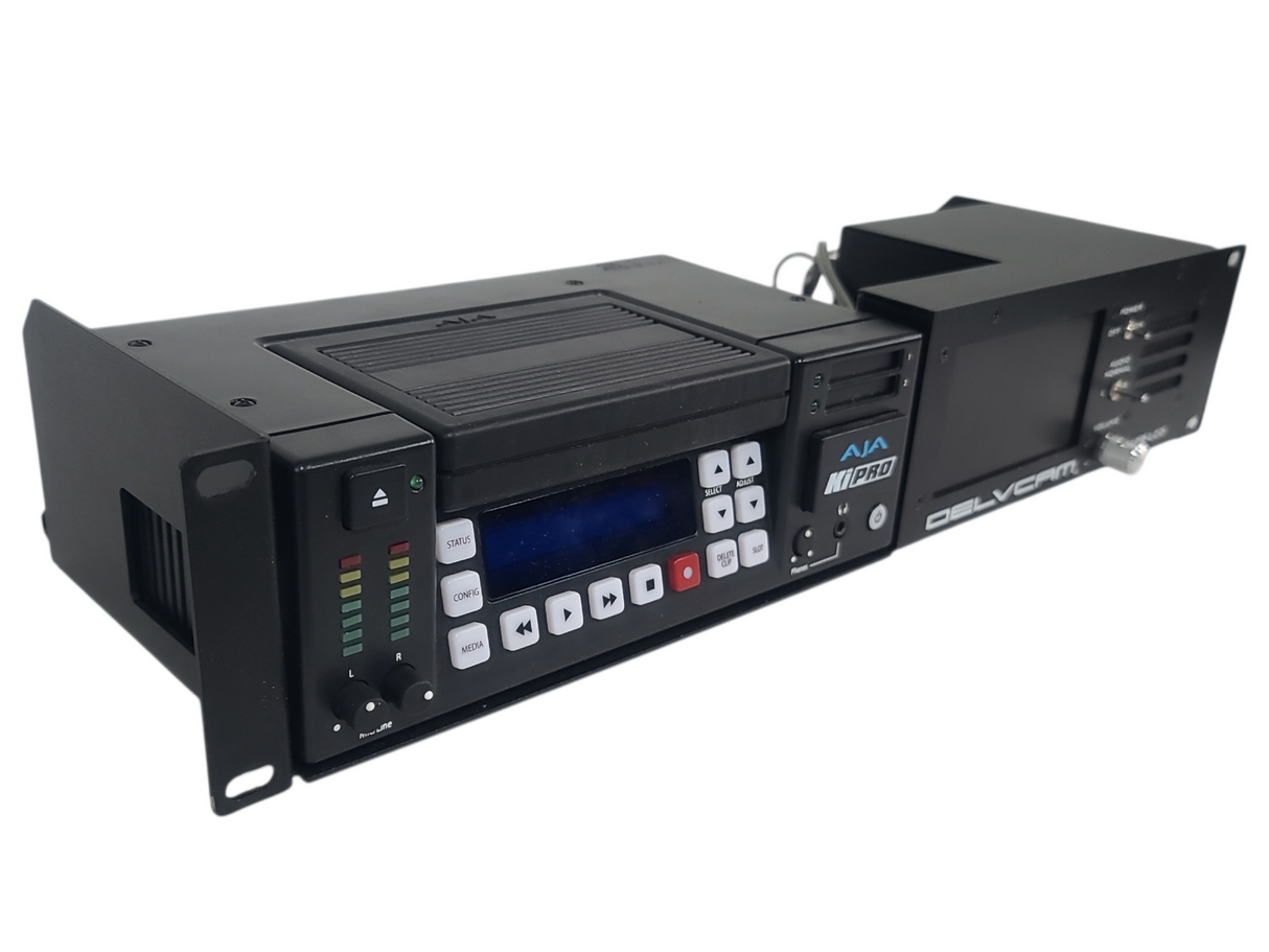 AJA Ki Pro Video Recorder in DELVCAM KPR-LCD 2RU Rackmount Monitoring Unit w/ KISTOR500USB-R0 500GB Hard Disk Drive Storage Module