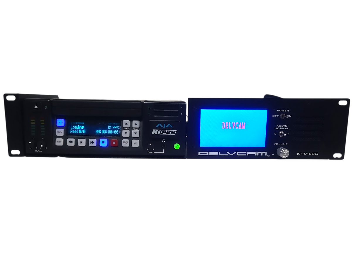 AJA Ki Pro Video Recorder in DELVCAM KPR-LCD 2RU Rackmount Monitoring Unit w/ KISTOR500USB-R0 500GB Hard Disk Drive Storage Module