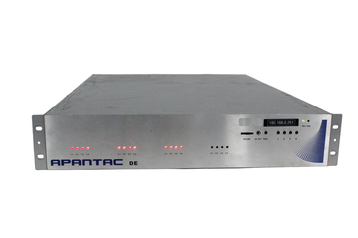 A used APANTAC multiviewer device with multiple input ports, rack-mounted, predominantly gray in color.
