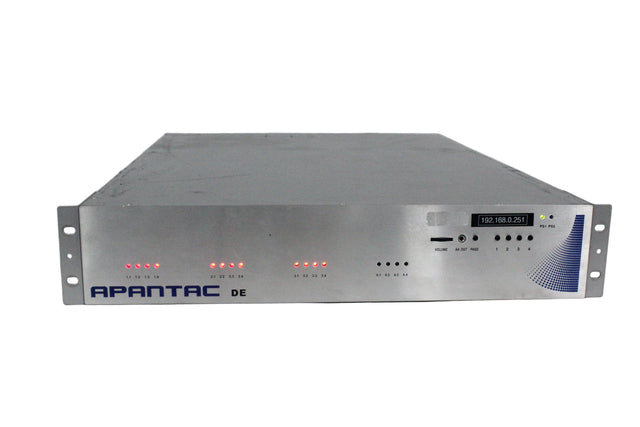 A used APANTAC multiviewer device with multiple input ports, rack-mounted, predominantly gray in color.