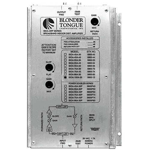 Blonder Tongue BIDA 100A-30 Two-Way Broadband Indoor Distribution Amplifier (30dB, 49-1000MHz)