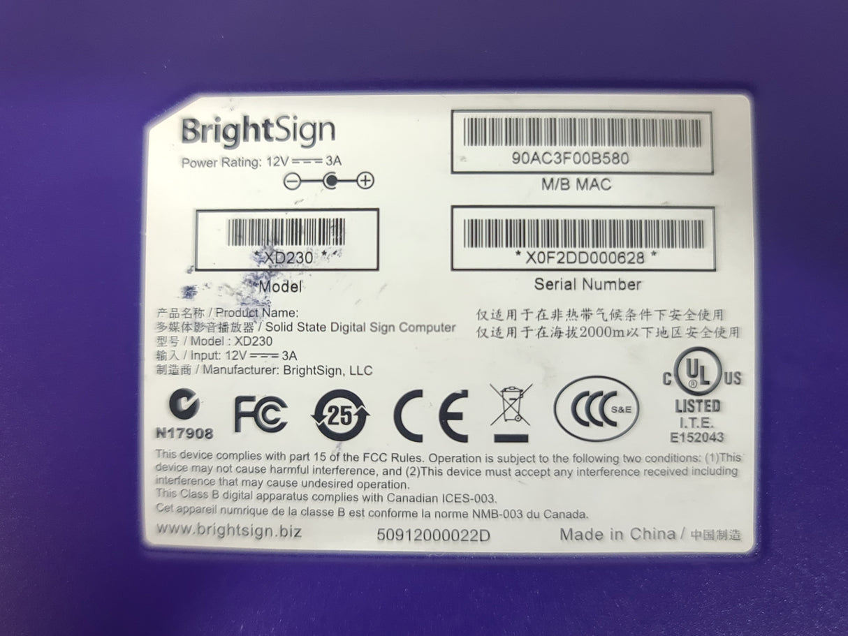 BrightSign XD230 Digital Media Signage w/ Ac Adapter