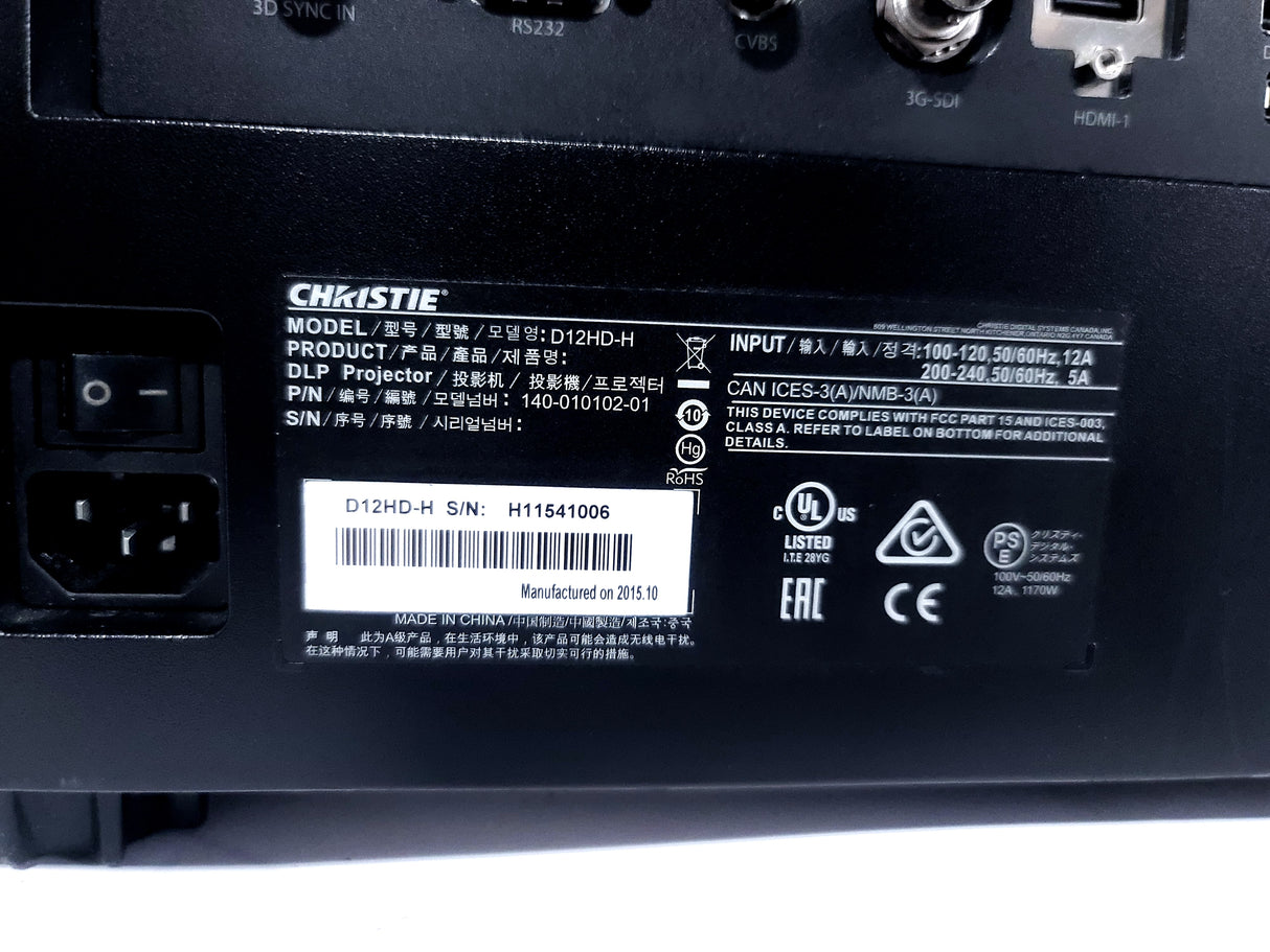 Christie D12HD-H 10,000 Lumen 1DLP Large Venue Projector (1126 Op Hours) w/ Remote Control in Hard Wheeled Case