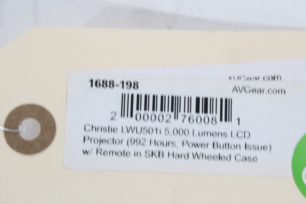 Christie LWU501i (5,000 Lumen) 3 Chip WUXGA LCD Conference Projector (992 Hours, Power Button Issue) w/ Remote in SKB Hard Wheeled Case (1688-198)