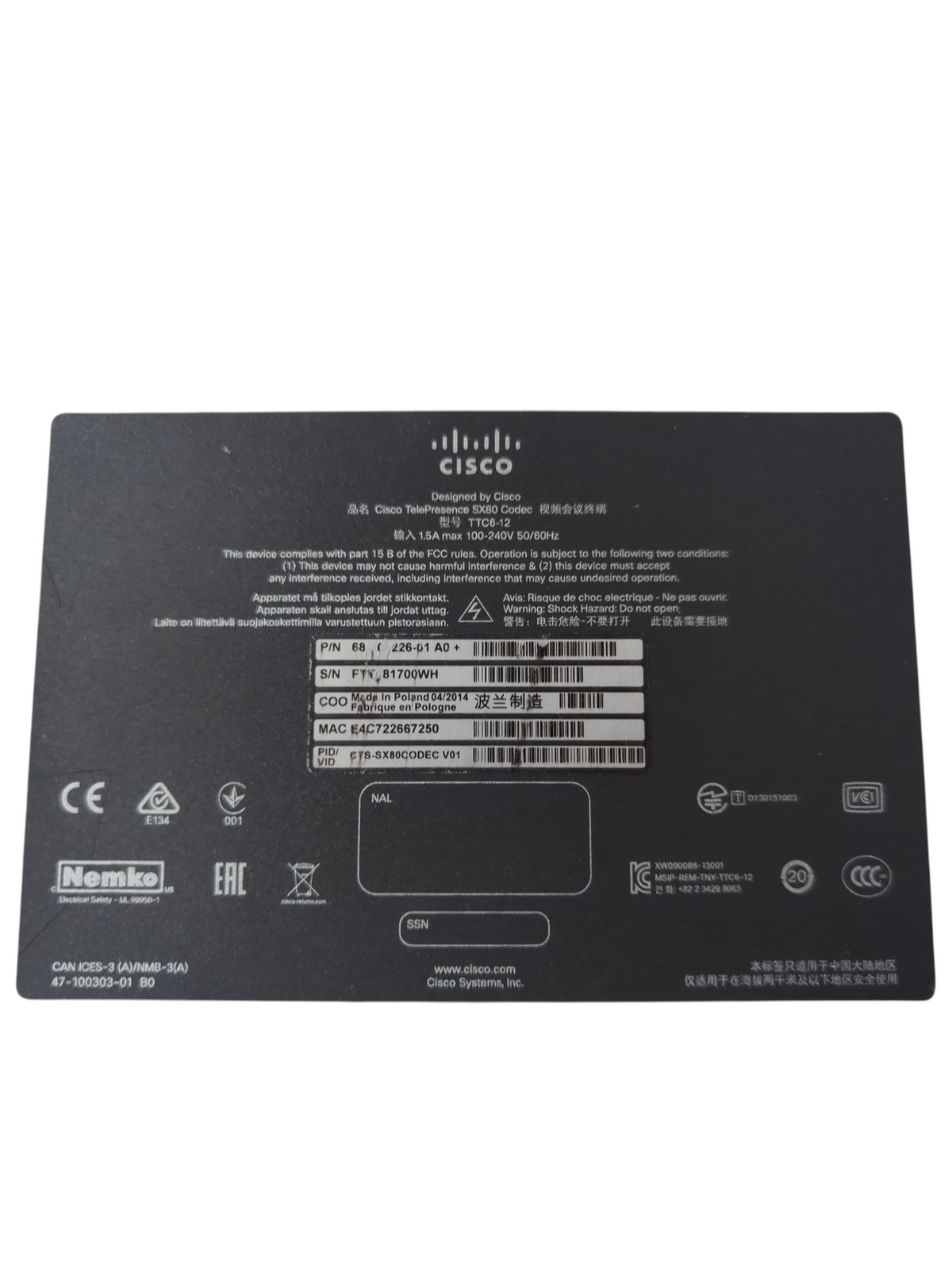 Cisco TelePresence SX80 Codec TTC6-12 Video Conferencing System
