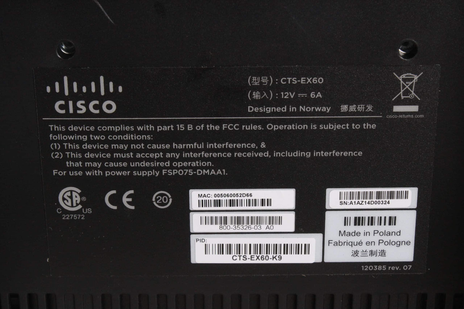 Cisco CTS-EX60-K9-RF TelePresence Video Conference Equipment