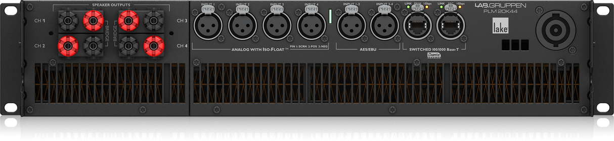 Lab Gruppen PLM 20K44 BP_002 20,000W Amplifier with 4 Flexible Output-Channels on Binding Post Connectors, Lake Digital Signal Processing and Digital Audio Networking for Touring Applications