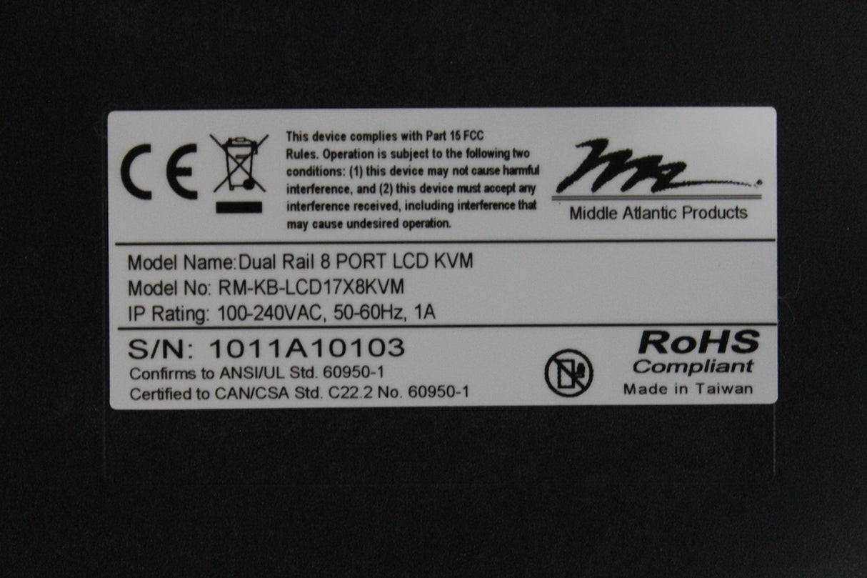 Middle Atlantic RM-KB-LCD17X8KVM Rackmount LCD, Keyboard, KVM Switch and Touchpad