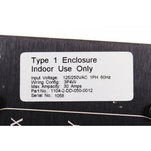Motion Laboratories 1104-2-DD-050-0012 L14-30 In/Thru, Aux Edison Duplex @15A, (8) Edsion Duplex (Breakered @ 20A)