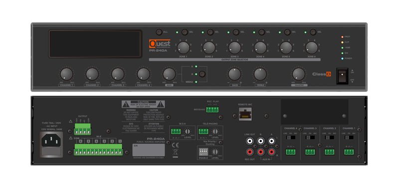 (NEW) Quest PR240A 70V 240W Mixer Amp 6 Output