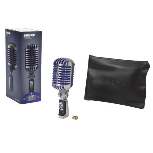 Shure Super 55 Deluxe Vocal Microphone, 60 to 17,000 Hz Frequency Response, 3-pin XLR Output Connectors (Chrome with Blue Foam)