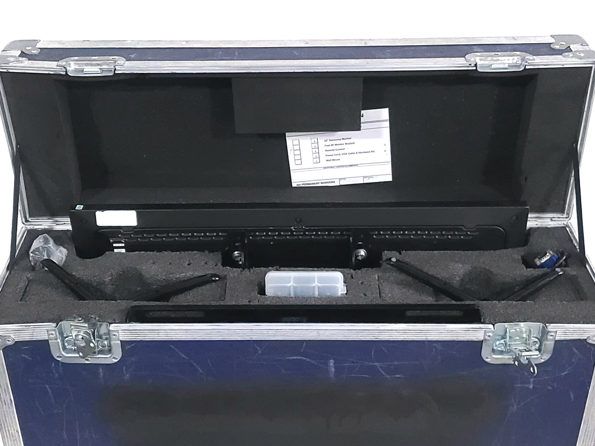 Samsung ME32C 28 Inch Flat panel displays (NEEDS REPAIR) w/ Spare Hardware Kits, TV Bases, Back Mounting Frames, DVI Cable & (1) Remotes in Wheeled Road Case