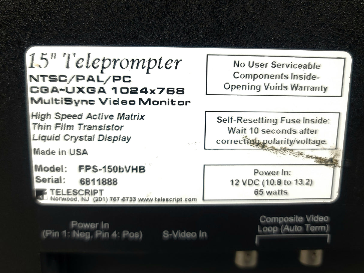 Telescript FPS-150bVHB 15" Teleprompter w/ Mounting Brackets in Hard Rolling Case