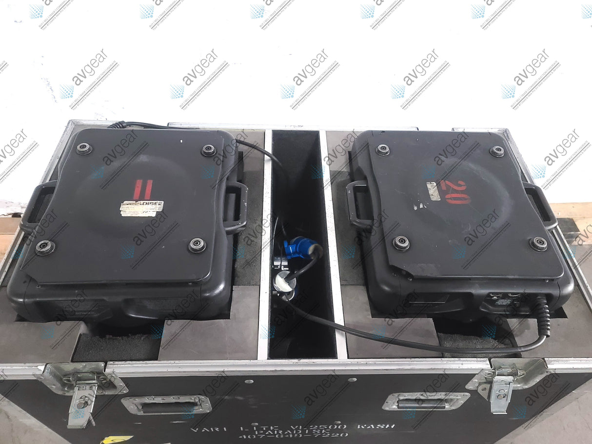 (2) Vari-Lite VL2500 Moving Head Wash Lights (325 & 8 Total Hours) w/ In Wheeled Road Hard Case