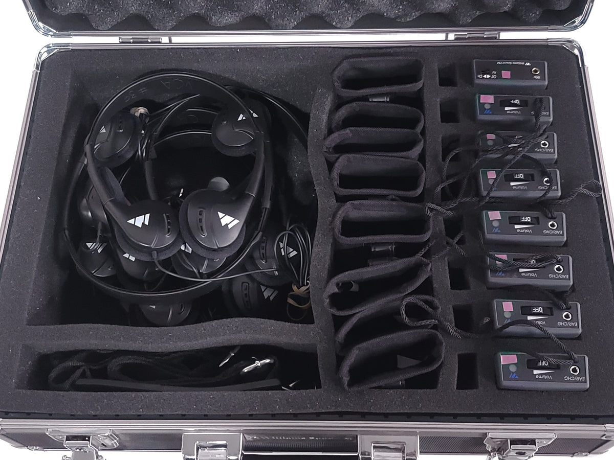 Williams Sound Personal P.A. Tour Guide System Kit w/ T16 Transmitter, (7) R7 FM, Single Ear Headphone, (7) Headphones and (8) Body Pack Pouches in Hard Carrying Case