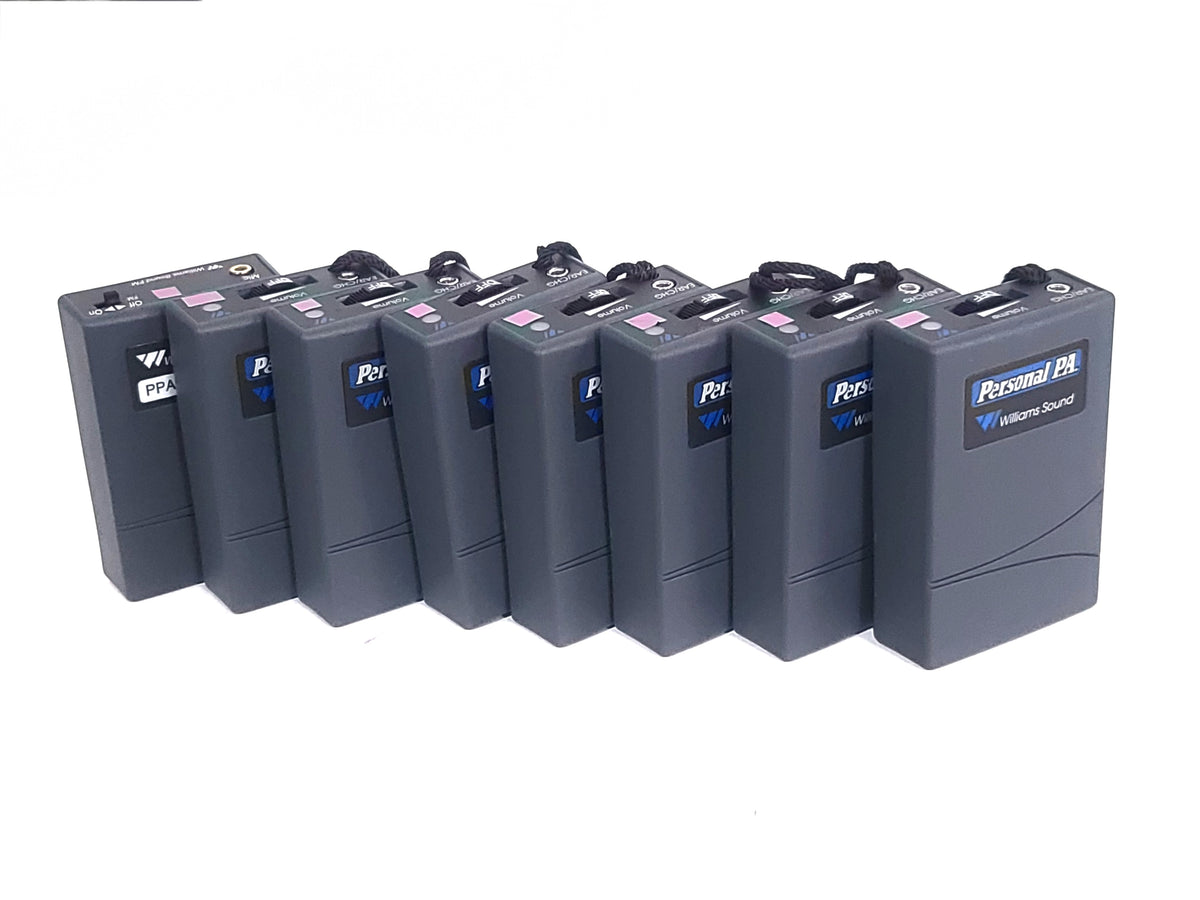 Williams Sound Personal P.A. Tour Guide System Kit w/ T16 Transmitter, (7) R7 FM, Single Ear Headphone, (7) Headphones and (8) Body Pack Pouches in Hard Carrying Case