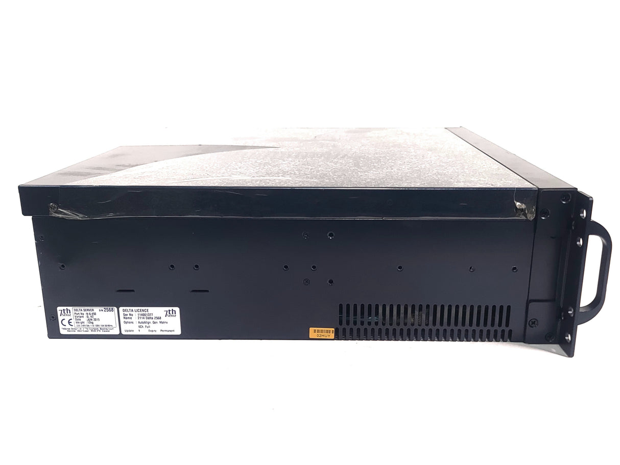 AVGear.com 7thSense Delta Media Server rackmount unit, side profile view showing serial number and hardware details.