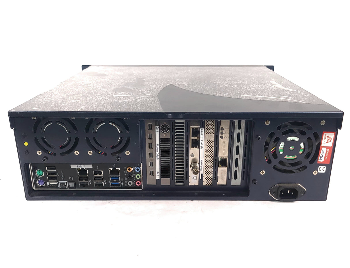 AVGear.com Delta Media Server 7th Sense back panel showing cooling fans, graphics outputs, and connectivity ports.