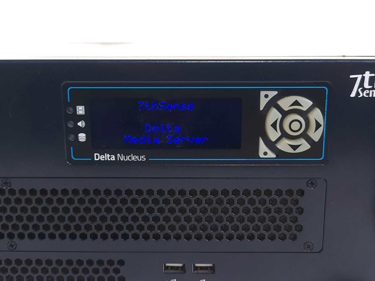 AVGear.com 7thSense Delta Media Server front panel with blue LCD display and navigation controls.