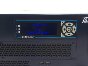 AVGear.com 7thSense Delta Media Server front panel with blue LCD display and navigation controls.