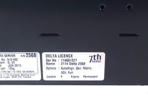 AVGear.com Delta Media Server 7th Sense identification label showing serial number and license details.
