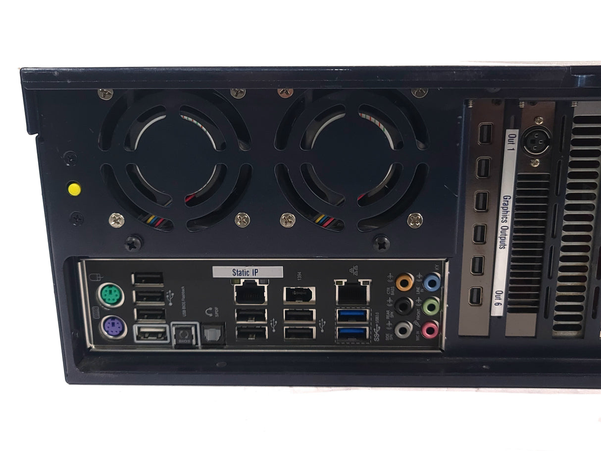 AVGear.com 7thSense Delta Media Server rear panel showing multiple graphics outputs, USB ports, and cooling fans.