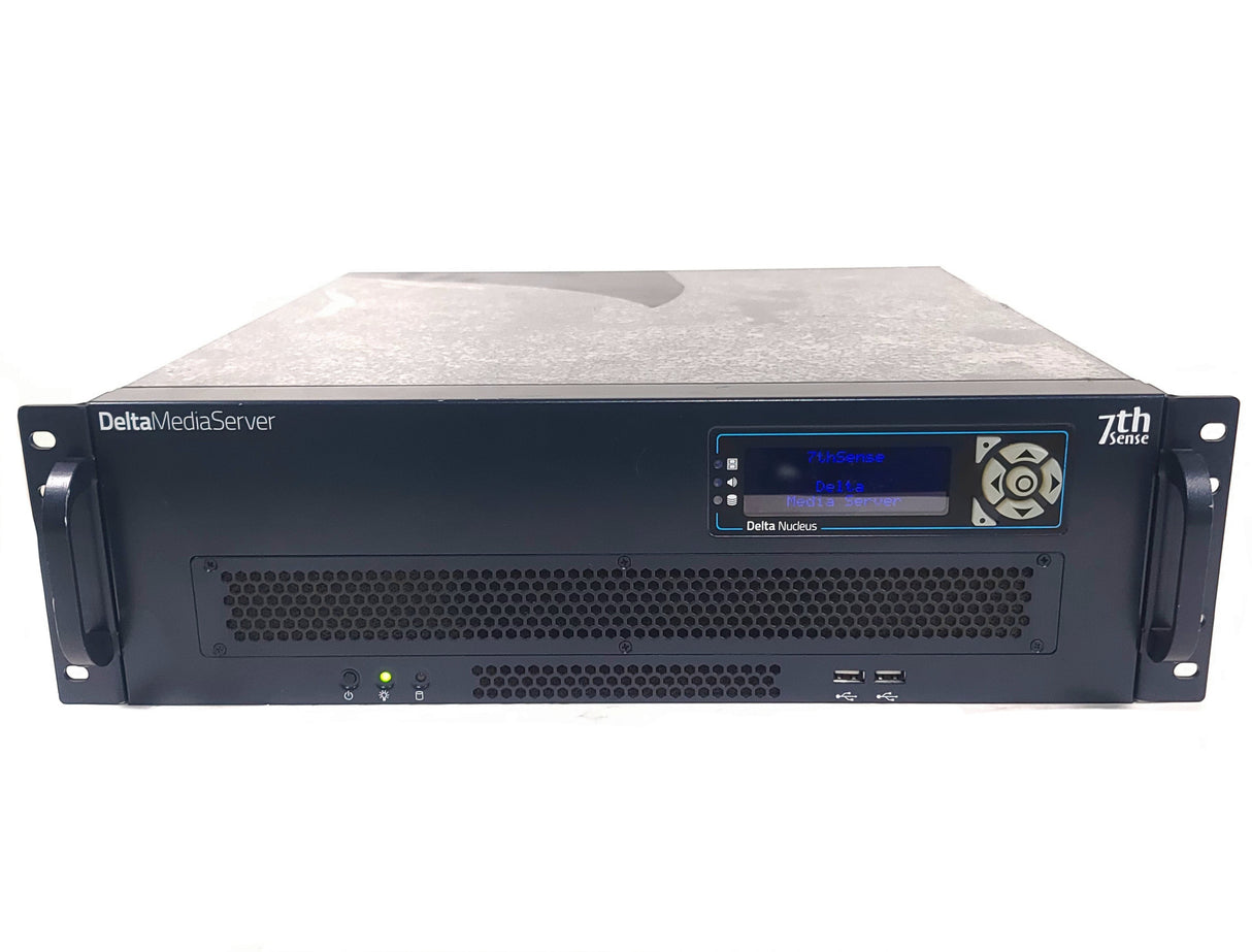 AVGear.com 7thSense Delta Media Server rack-mount unit with front LCD display and ventilation grille