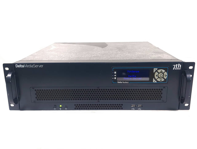 AVGear.com 7thSense Delta Media Server rack-mount unit with front LCD display and ventilation grille
