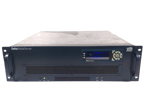 AVGear.com 7thSense Delta Media Server rack-mount unit with front LCD display and ventilation grille