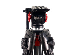 AVGear.com Dracast fluid head tripod featuring black aluminum construction with red adjustment knobs and quick-release