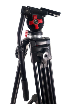 AVGear.com Dracast fluid head video tripod with black aluminum legs and red adjustment knobs on a white background