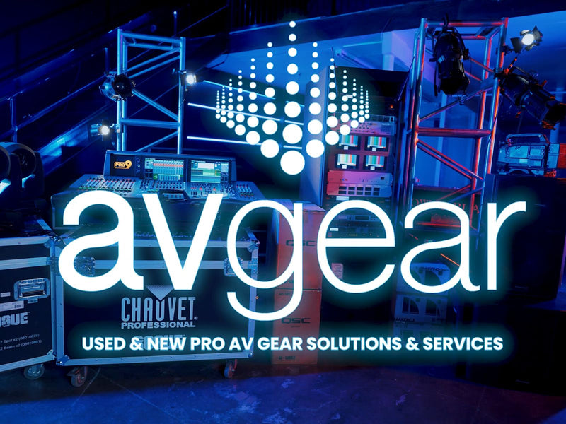 AV gear display with 'avgear' branding and Chauvet Professional equipment.