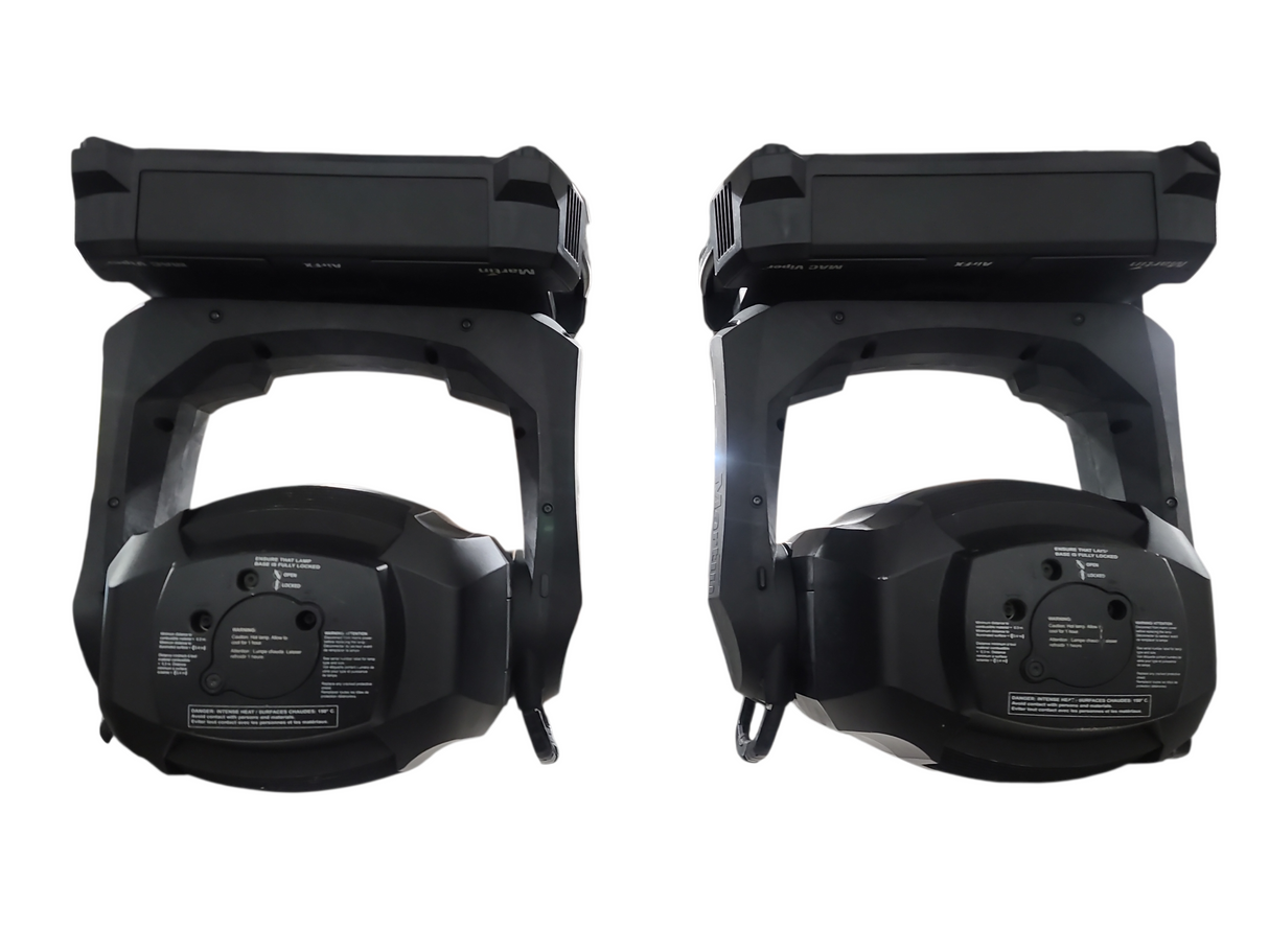 (2) Martin MAC Viper AirFX FC Moving Wash Lights in Wheeled Road Case w/ (2) PSU's & (4) Clamps (Total Hours 3533, 3747)