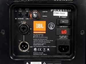 (2) JBL PRX615M 15-inch Two-Way Self-Powered Speakers in Wheeled Road Case