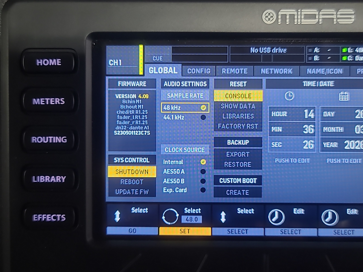 Midas M32R LIVE 40 Channel Digital Console w/ Klark Teknik DN32-USB Option Card in ProX XZF-MIDM32R 1RU Rack Case by ZCASE for MIDAS M32R Flip-Ready Hydraulic Console