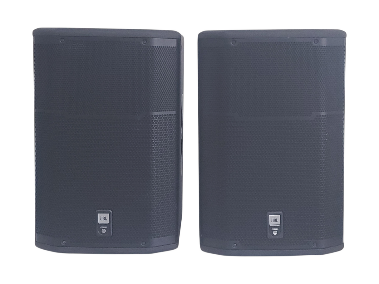 (2) JBL PRX615M 15-inch Two-Way Self-Powered Speakers in Wheeled Road Case