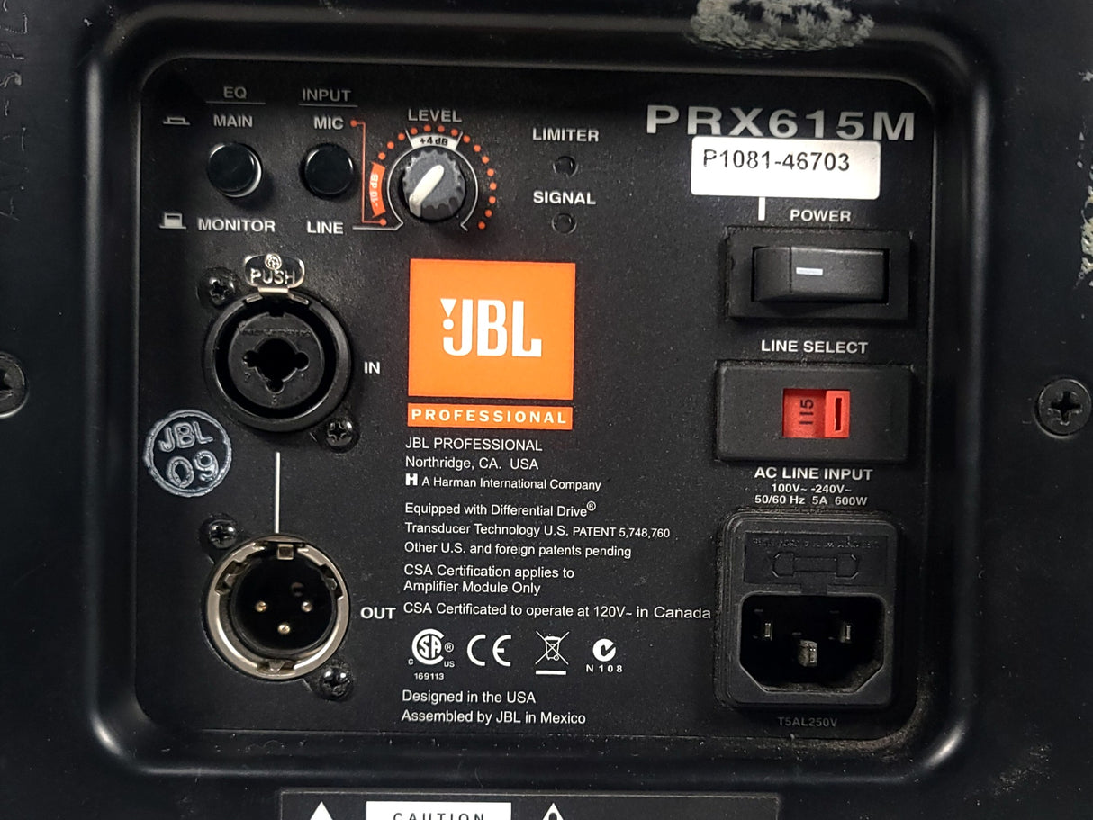 (2) JBL PRX615M 15-inch Two-Way Self-Powered Speakers in Wheeled Road Case