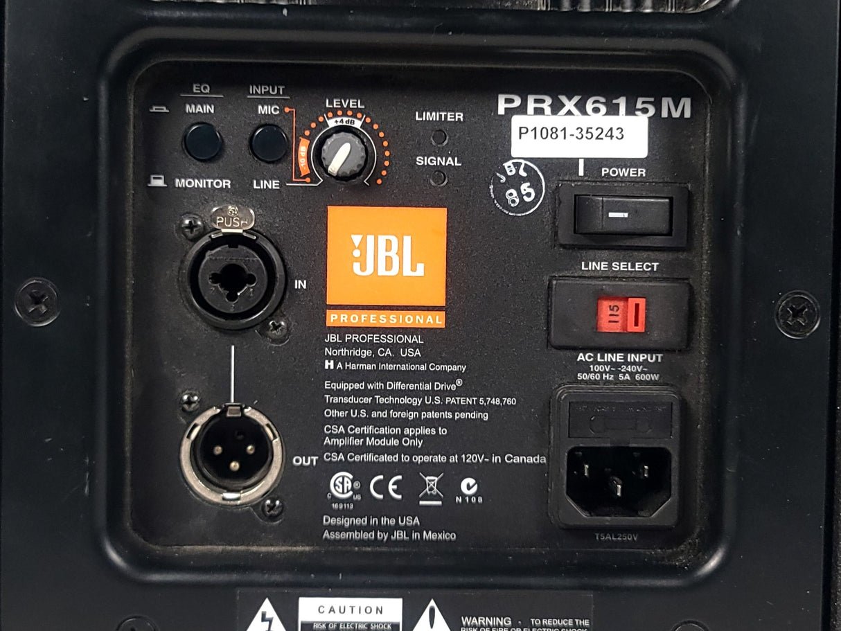 (2) JBL PRX615M 15-inch Two-Way Self-Powered Speakers in Wheeled Road Case
