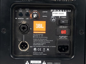 (2) JBL PRX615M 15-inch Two-Way Self-Powered Speakers in Wheeled Road Case