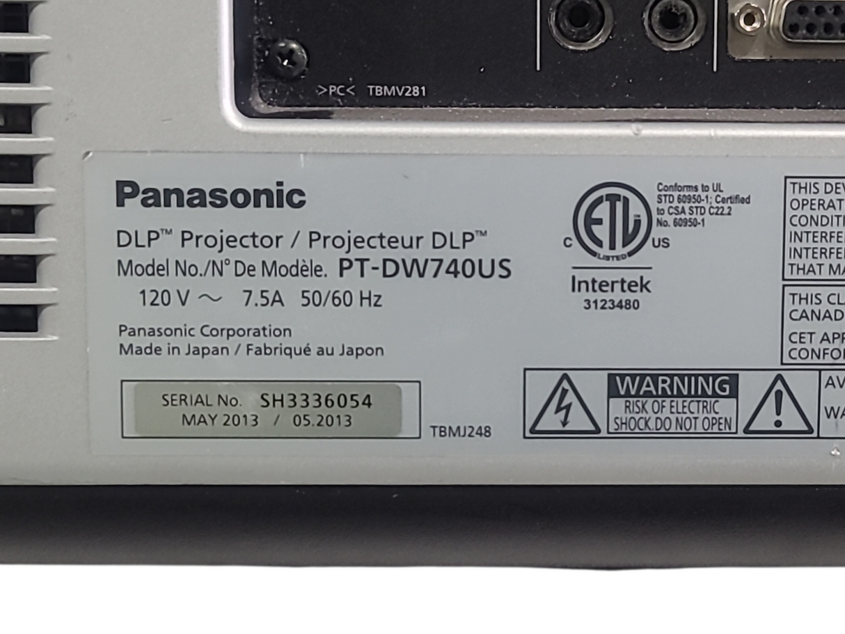 Panasonic PT-DW740 7,000 Lumens WXGA 1-Chip DLP (Lamp 1 778 & Lamp 2 778) [NO LENS] Projector (NEEDS REPAIR)