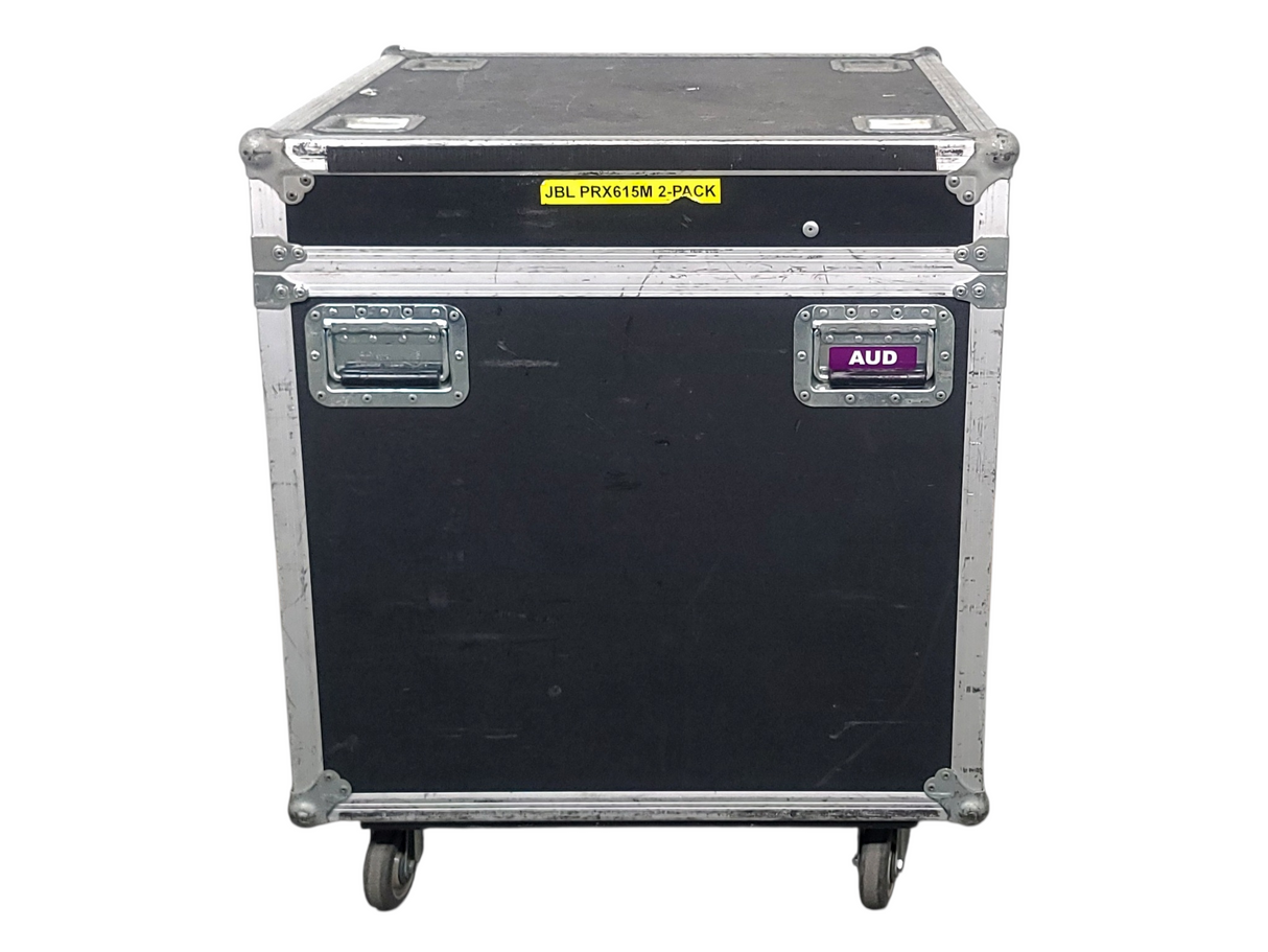 (2) JBL PRX615M 15-inch Two-Way Self-Powered Speakers in Wheeled Road Case